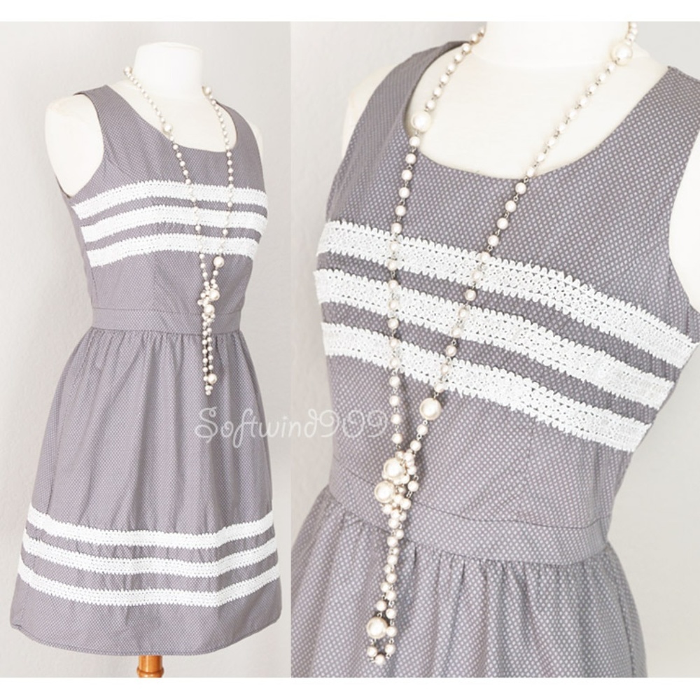 Gray White Lace Trim 100% Cotton Cute A line Dress - Picture 2 of 8